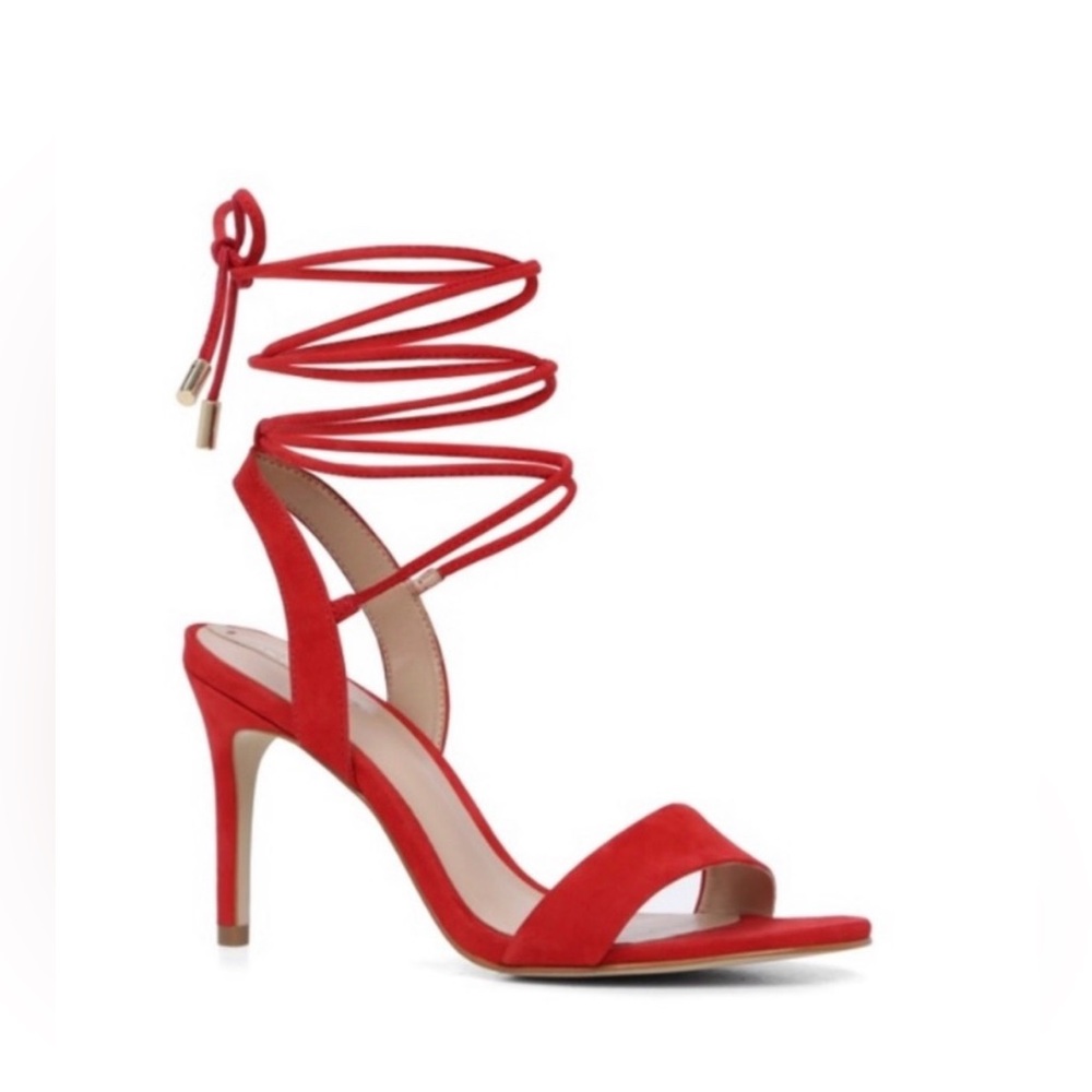 Aldo red tie ankle heels, size 5, fabric suede , worn twice